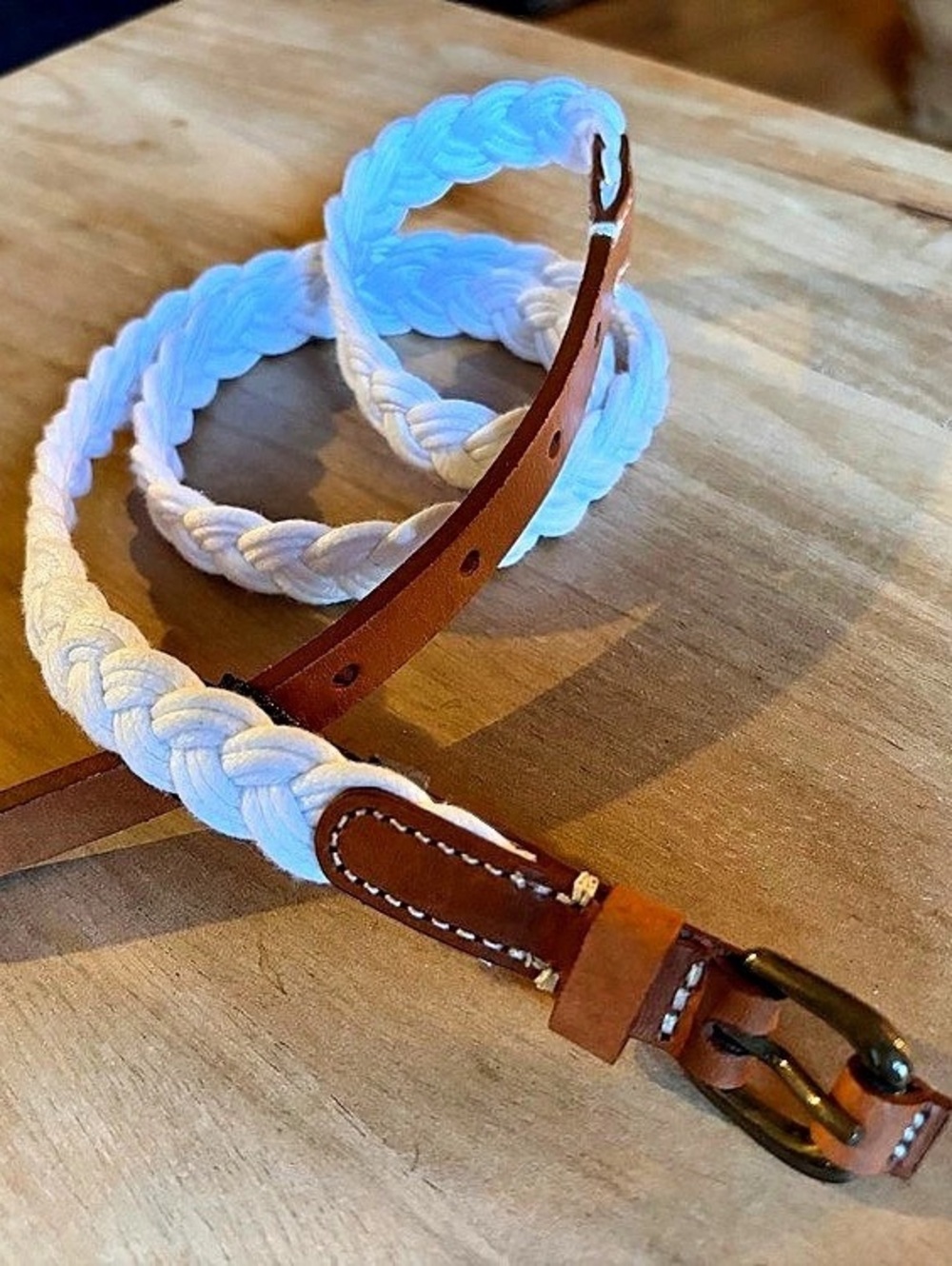 Brooks Brothers Braided Cotton Leather Belt Brown & White